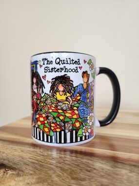 Whimsical Folk Art Quilted Sisterhood Graphic Ceramic Coffee Mug Boho Multicolor